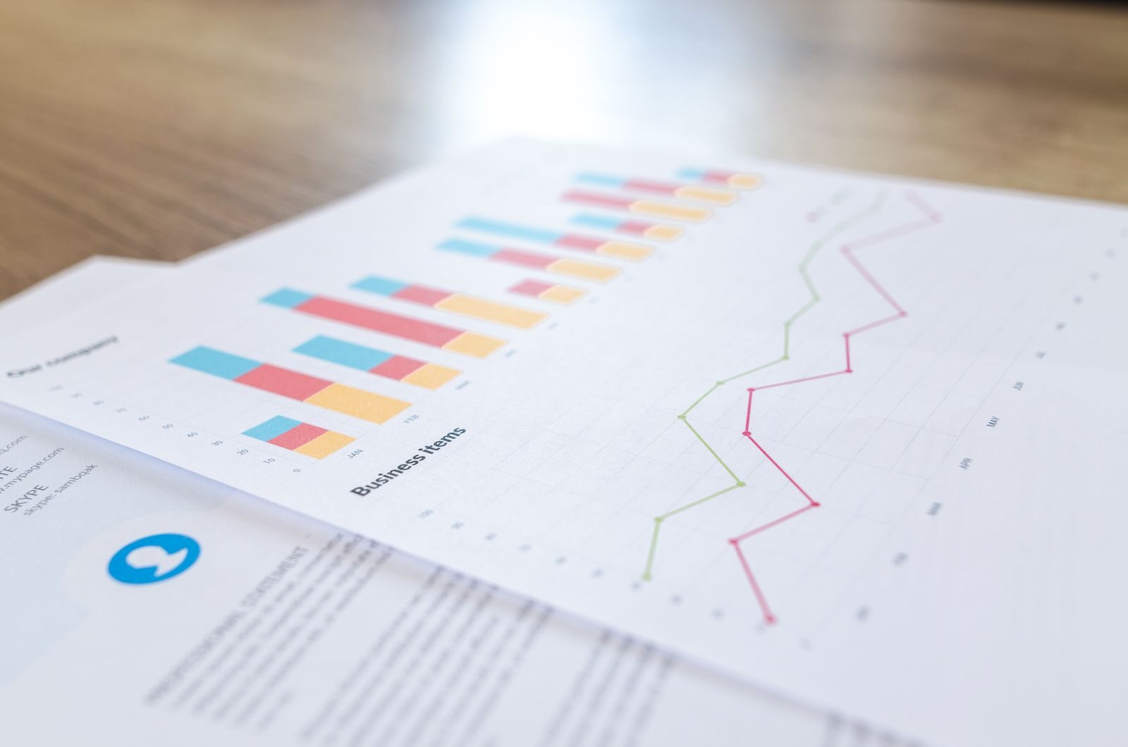 Printed document with line and bar charts on a desk