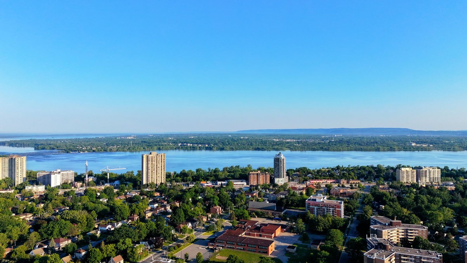 Aerial view of the Hamilton, Ontario skyline and Lake Ontario