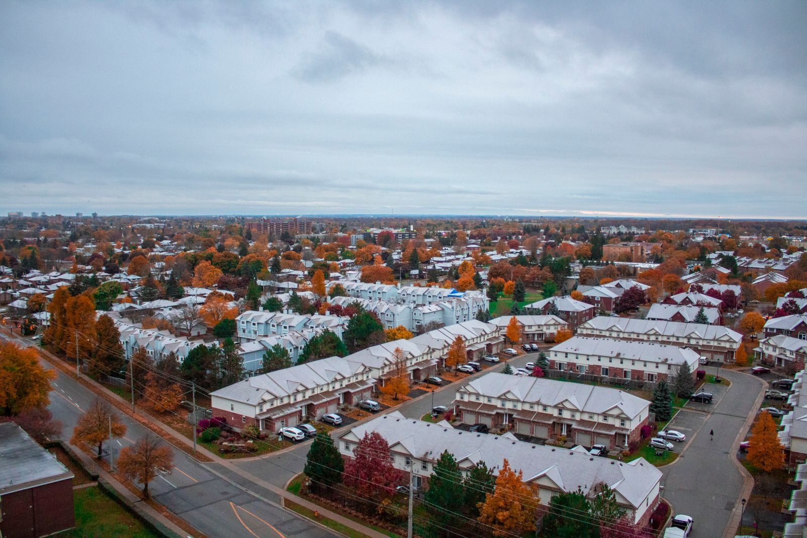Aerial view of Kitchener, Ontario neighbourhoods in autumn