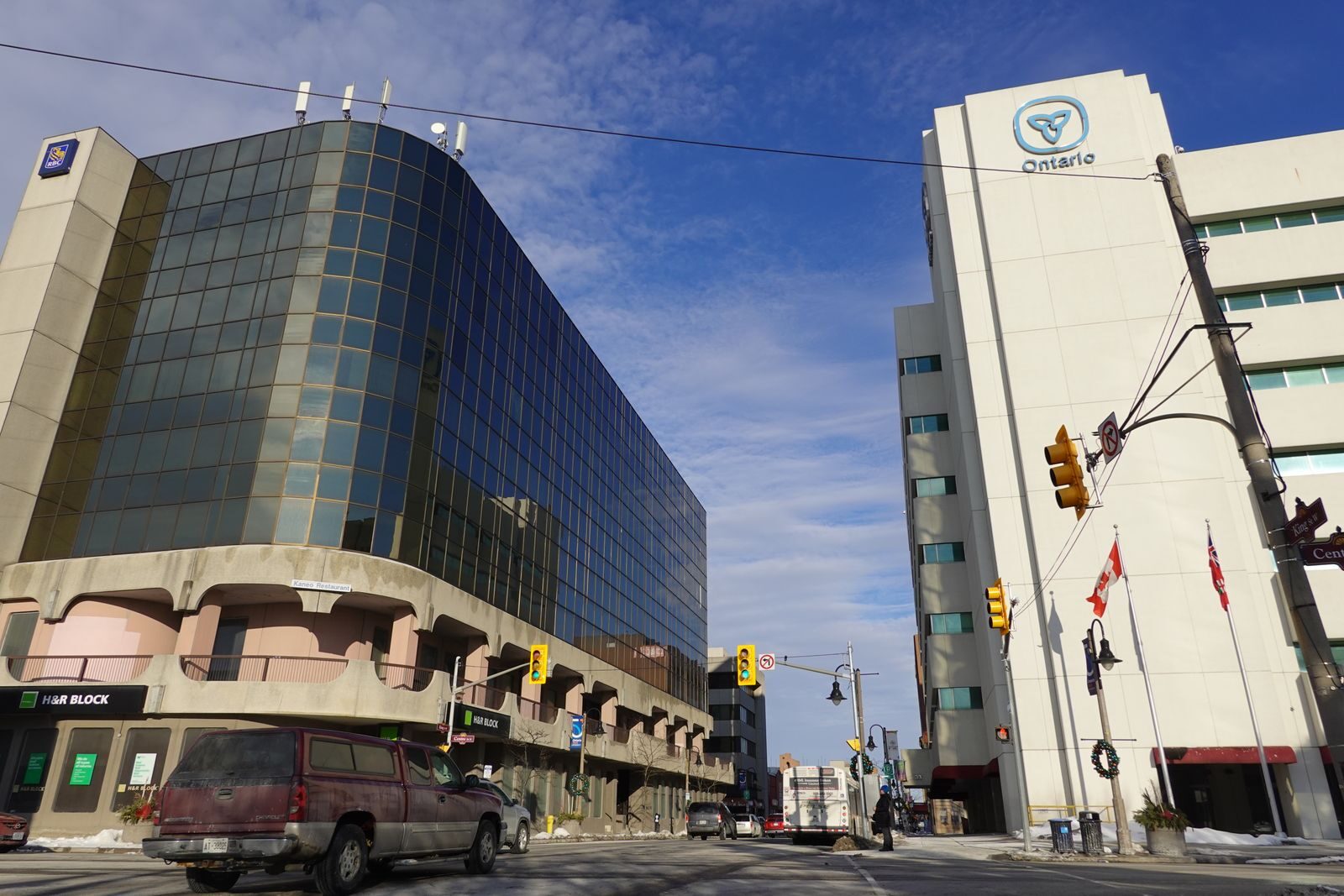 Office buildings and traffic in downtown Oshawa, Ontario