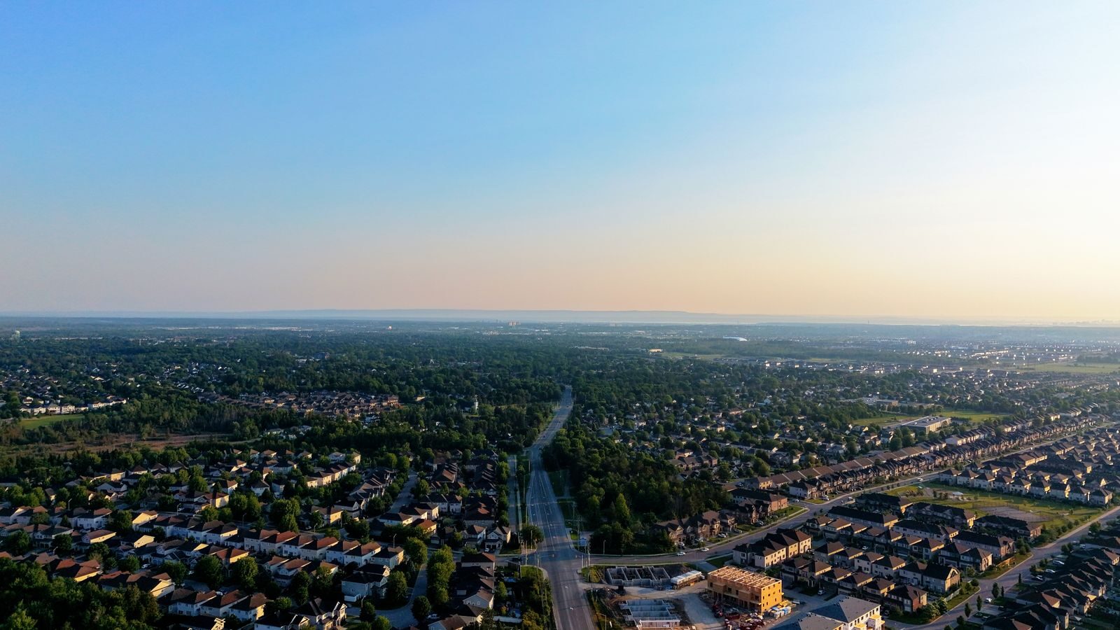 Aerial view of a suburban neighbourhood in the Greater Toronto Area at sunset