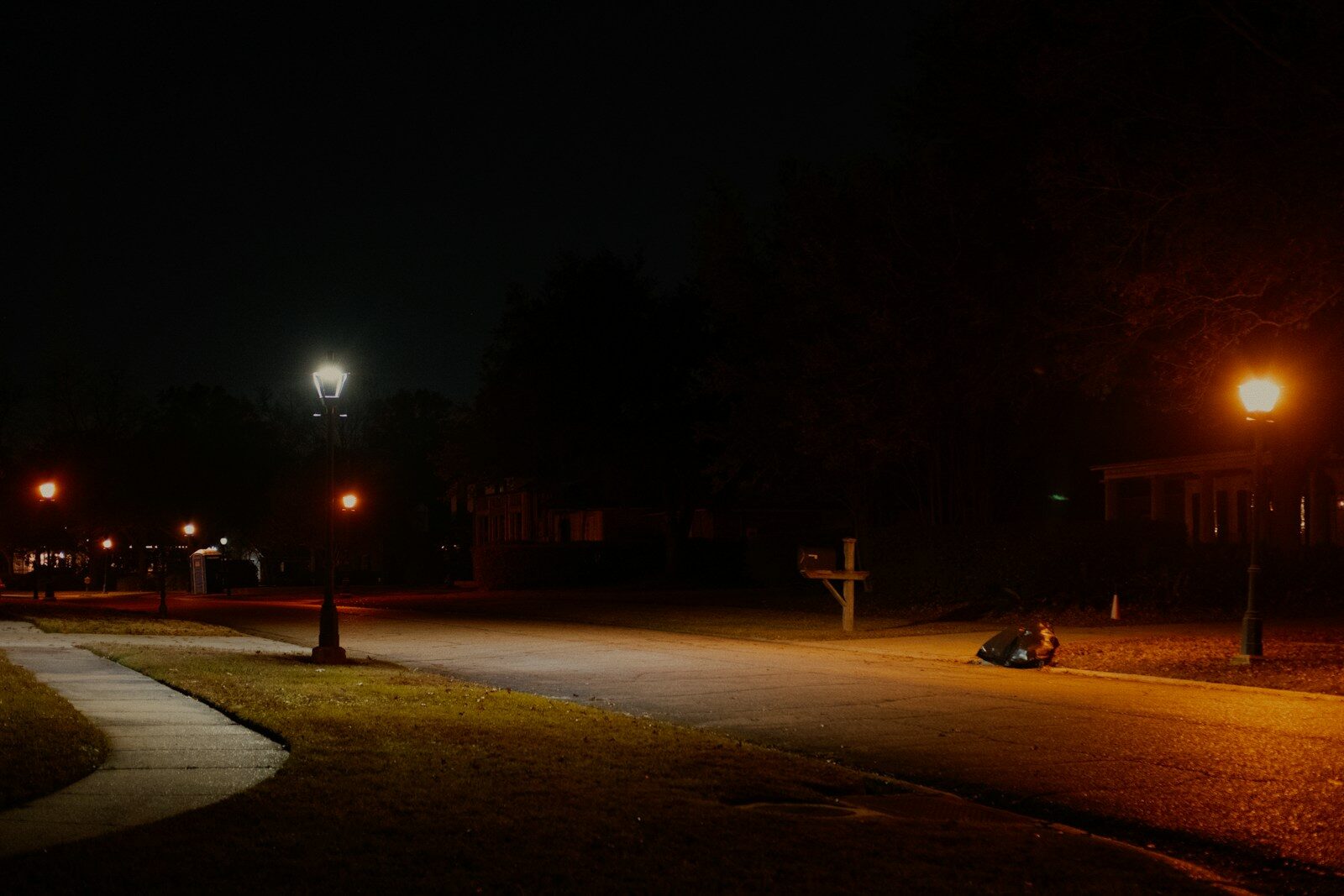 Streetlights illuminating a quiet suburban street at night